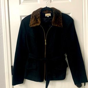 Black belted wool jacket with faux fur collar